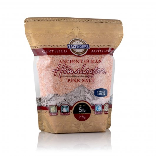 Small grain Himalayan pink bath salt in a 5 lb bag