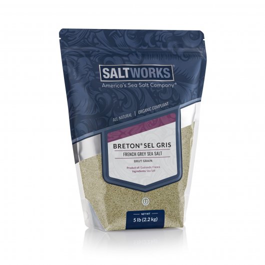 Brut grain french grey sea salt for bath by Breton in a 5 lb bag
