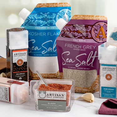 Artisan Salt Company® refill pouches, boutique glass jars, ceramic grinders and refillable shakers