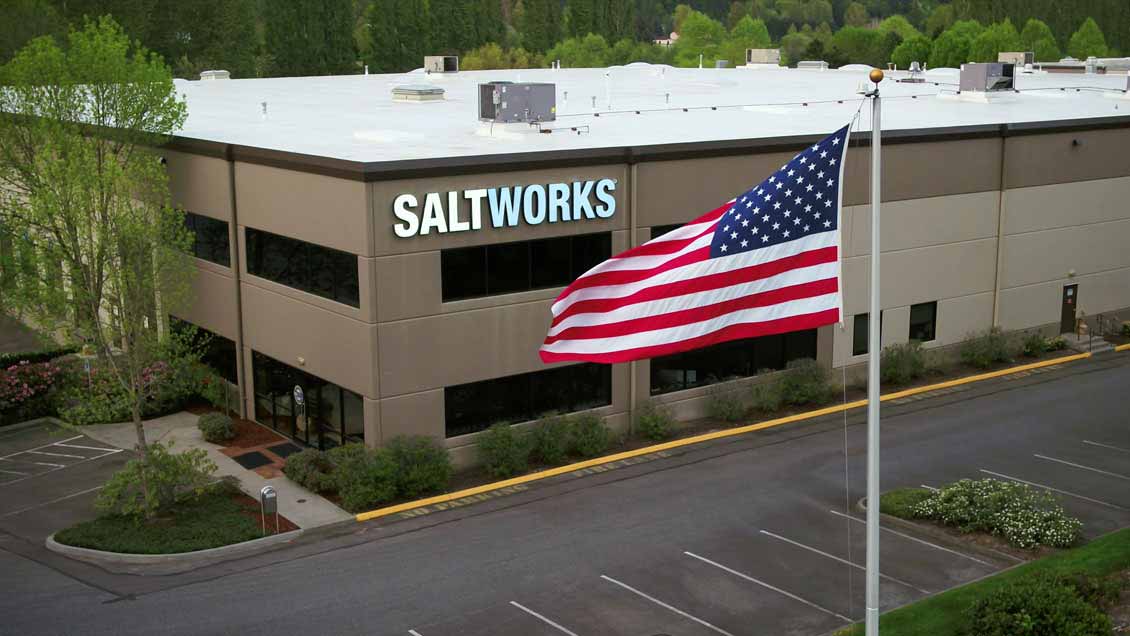SaltWorks building with American flag in foreground