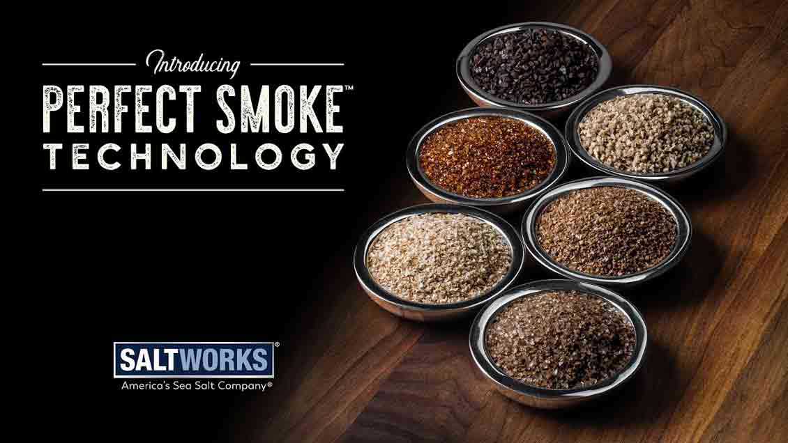 Bowls of smoked salt next to headline: Introducing Perfect Smoke® Technology