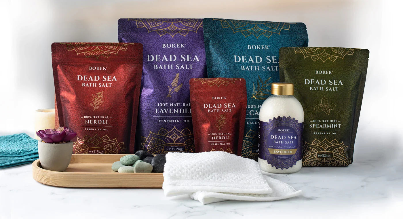Bokek Dea Sea Salt bags on a marble counter