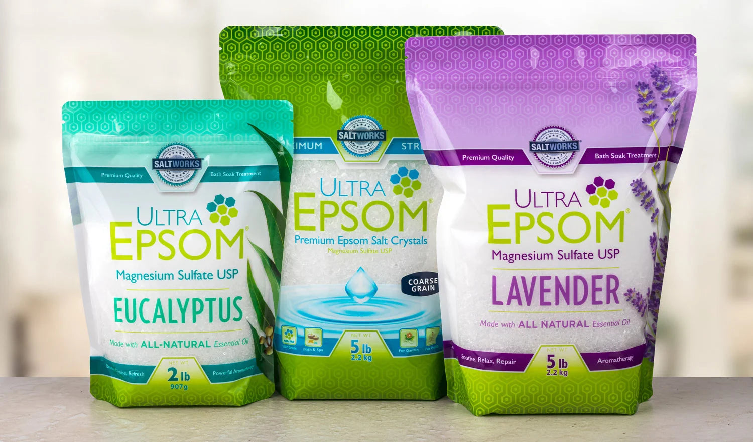 Ultra Epsom Sea Salt bags on a counter