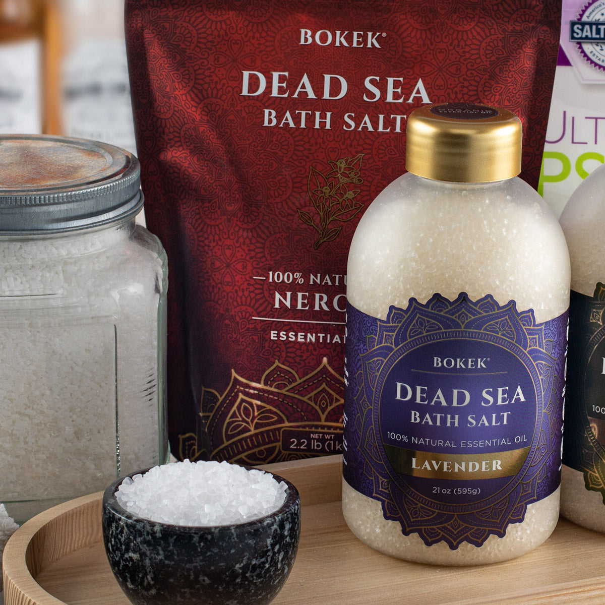 Bokek Dead Sea Bath Salt bottle and packaging on a wooden surface