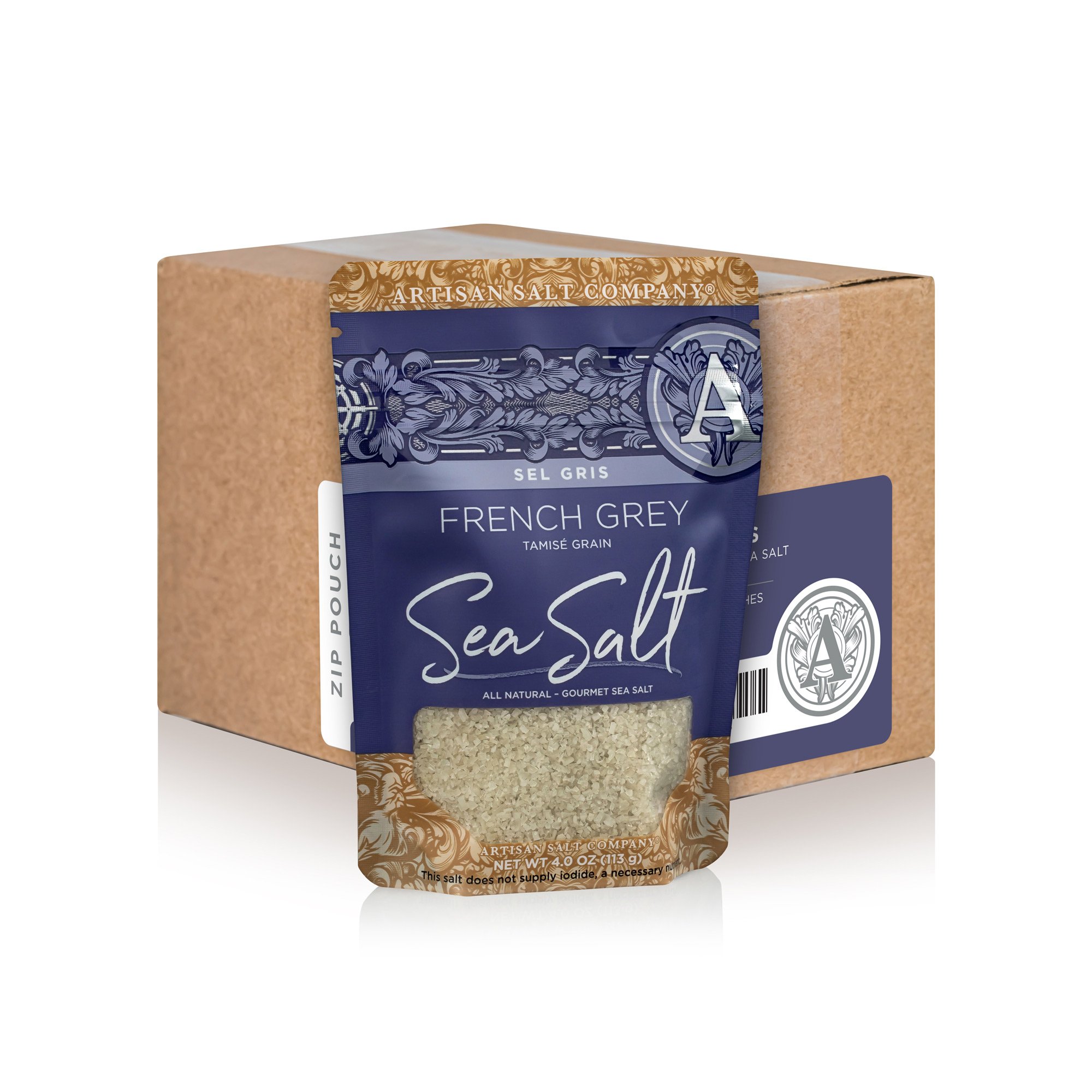 Sel Gris French Grey Sea Salt (Tamisé Grain) 4 oz Zip Top Pouch (Case